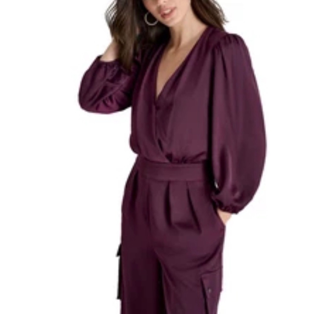 DKNY Womens Plum Purple Long Sleeve V-Neck Wide Leg Cargo Jumpsuit 12